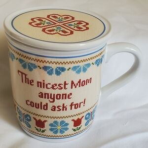 Hallmark Mom Mug Mates Cross Stitch Cup with Lid/Coaster Vtg 1983 Made In Japan